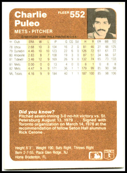 1983 Fleer #552 Charlie Puleo Rookie New York Mets