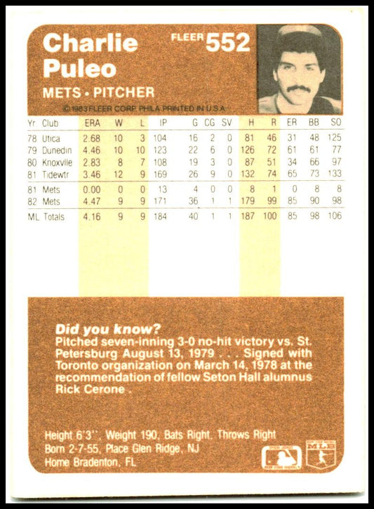 1983 Fleer #552 Charlie Puleo Rookie New York Mets
