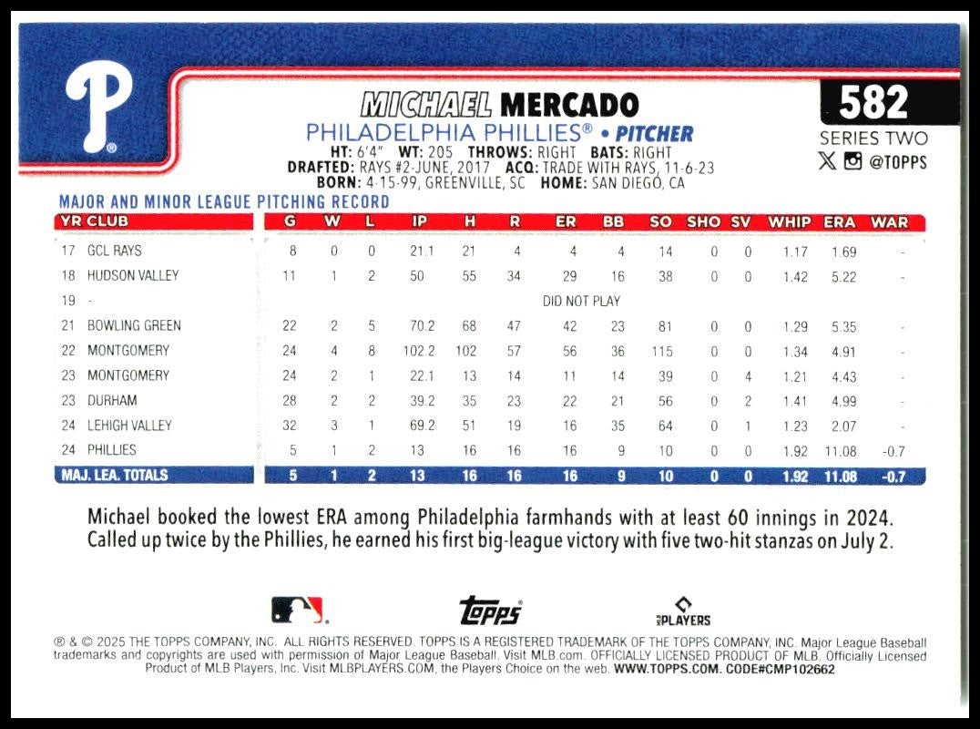 2025 Topps #582 Michael Mercado Rookie Philadelphia Phillies