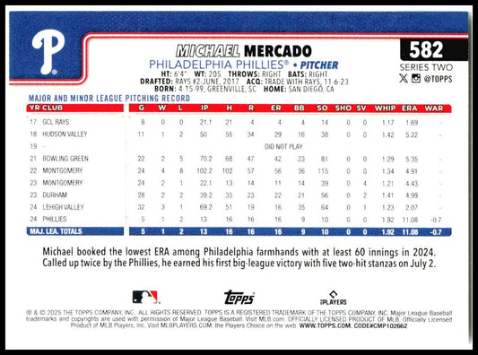 2025 Topps #582 Michael Mercado Rookie Philadelphia Phillies