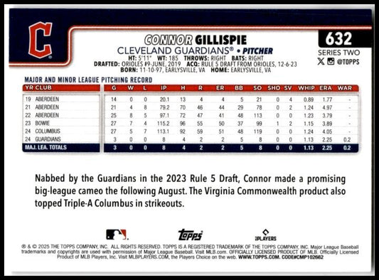 2025 Topps #632 Connor Gillispie Rookie Cleveland Guardians