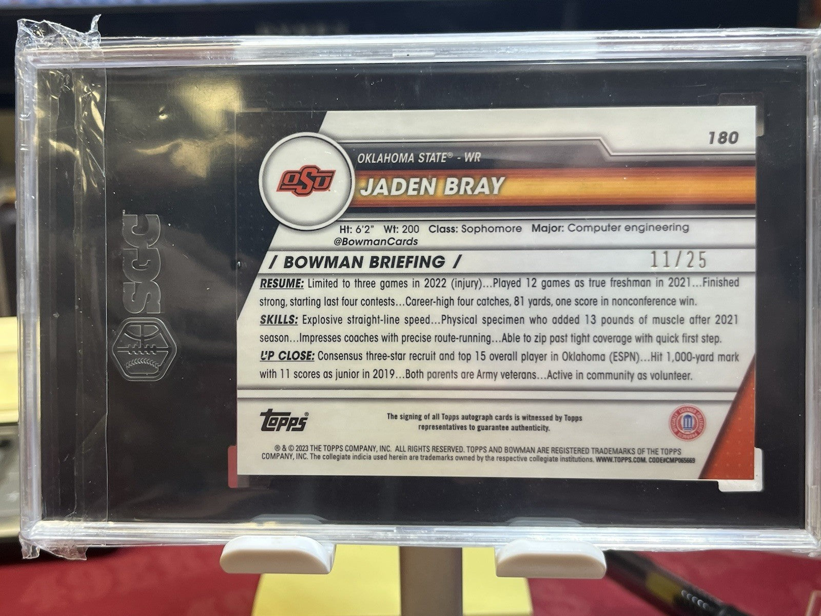 2023 Bowman Chrome U 1st Orange Shimmer #180 Jaden Bray Auto /25 SGC 10 Gem Mint