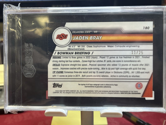 2023 Bowman Chrome U 1st Orange Shimmer #180 Jaden Bray Auto /25 SGC 10 Gem Mint