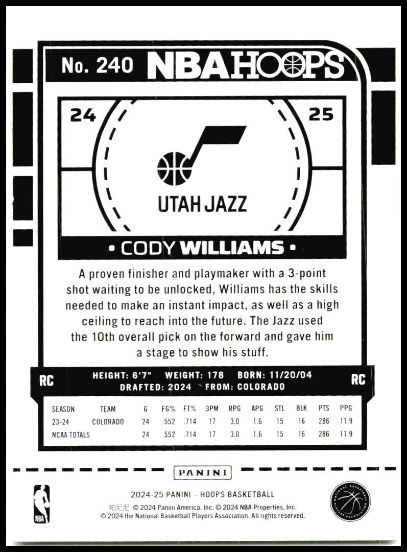 2024-25 Hoops #240 Cody Williams Rookie Utah Jazz