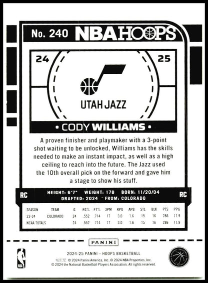 2024-25 Hoops #240 Cody Williams Rookie Utah Jazz