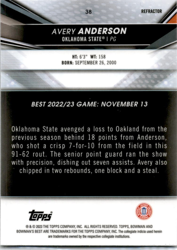 2023 Bowman University Best Refractor #38 Avery Anderson Oklahoma State Cowboys