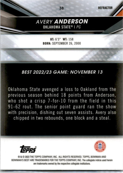 2023 Bowman University Best Refractor #38 Avery Anderson Oklahoma State Cowboys
