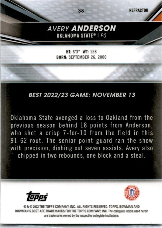 2023 Bowman University Best Refractor #38 Avery Anderson Oklahoma State Cowboys