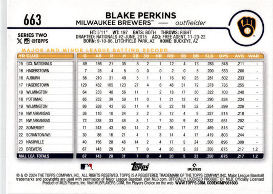 2024 Topps Summer Holiday #663 Blake Perkins Milwaukee Brewers