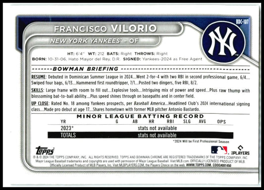 2024 Bowman Draft Chrome Steel Metal #BDC-107 Francisco Vilorio Yankees