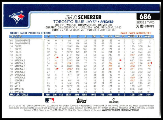 2025 Topps Pink Diamante Foil #686 Max Scherzer Toronto Blue Jays