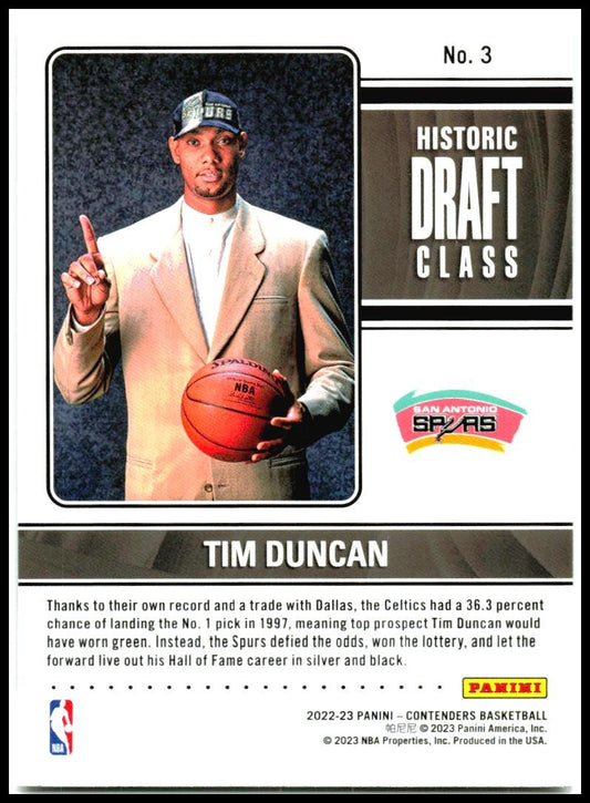 2022-23 Panini Contenders Historic Draft Class Contenders #3 Tim Duncan Spurs
