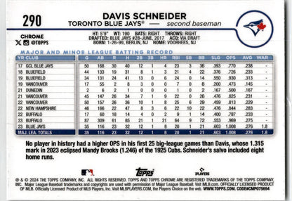 2024 Topps Chrome Sepia Refractors #290 Davis Schneider Rookie Toronto Blue Jays