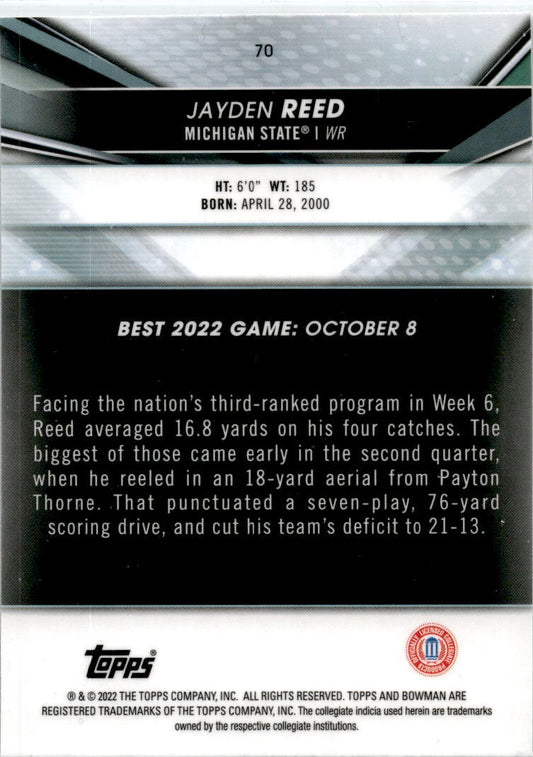 2022-23 Bowman's Best University #70 Jayden Reed Green Bay Packers / Spartans