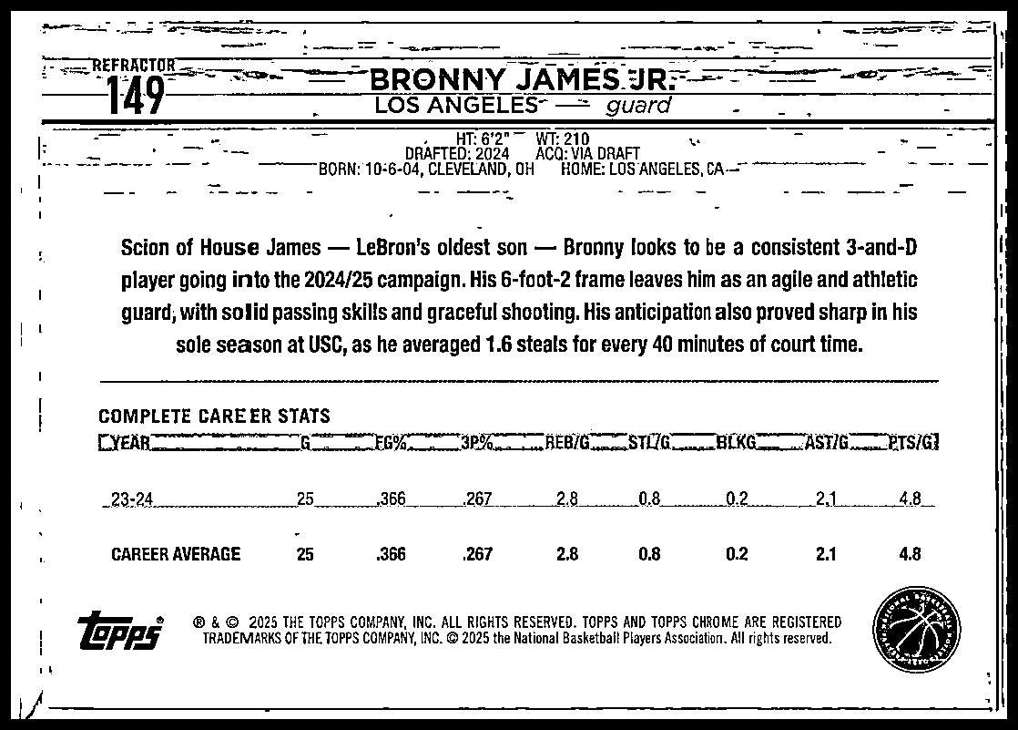 2024-25 Topps Chrome Refractor #149 Bronny James JR Lakers
