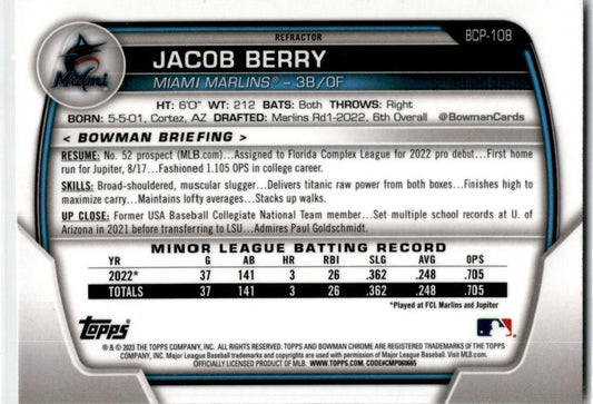 2023 Bowman Chrome Prospects Lunar Glow Refractors #BCP-108 Jacob Berry Marlins