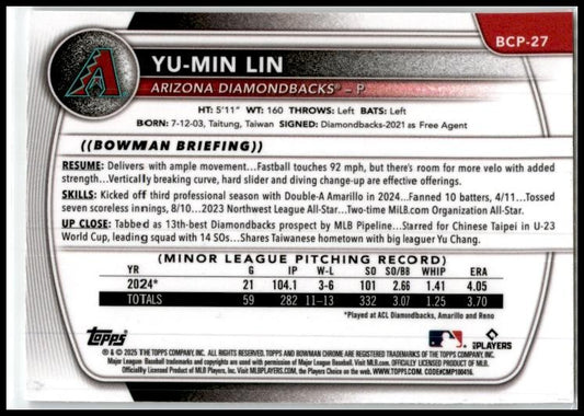 2025 Bowman Chrome Prospects #BCP-27 Yu-Min Lin Arizona Diamondbacks