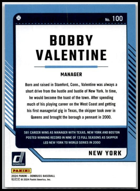 2024 Donruss Orange Laser #100 Bobby Valentine #/299 New York Mets