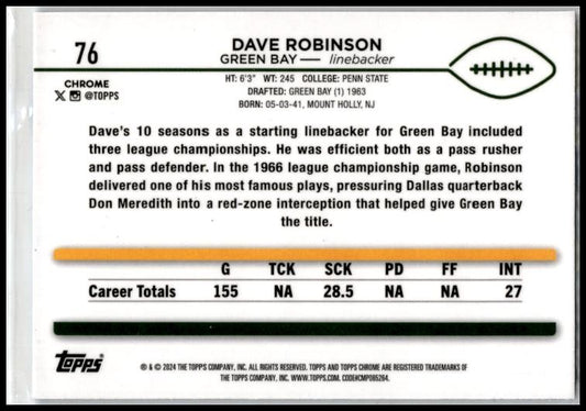 2024 Topps Chrome Blue Sonar Refractor #76 Dave Robinson #/150 Green Bay Packers