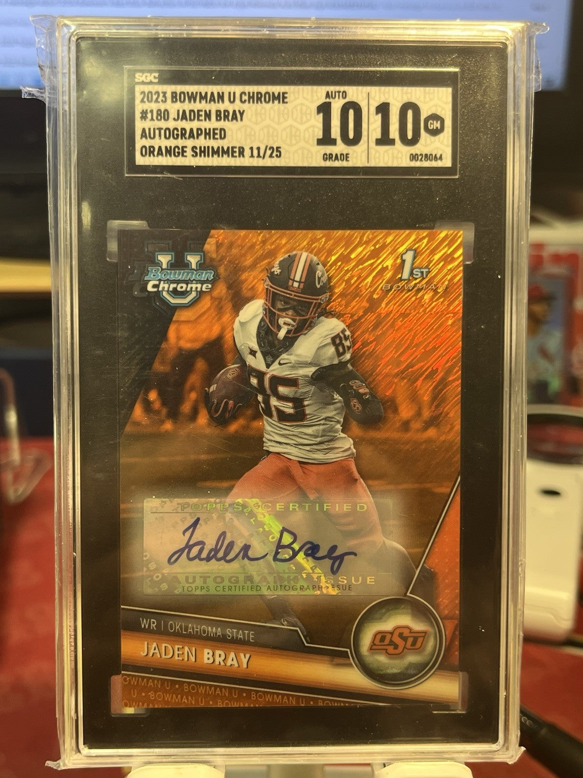 2023 Bowman Chrome U 1st Orange Shimmer #180 Jaden Bray Auto /25 SGC 10 Gem Mint