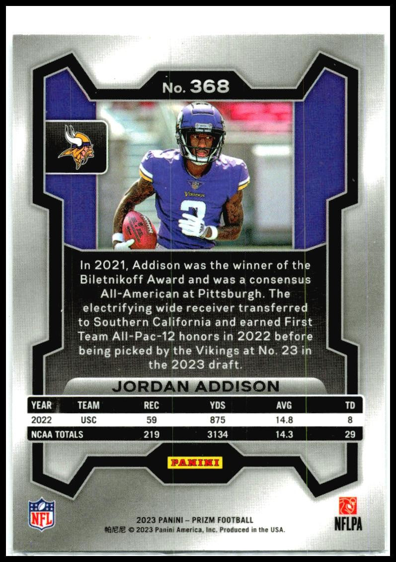 2023 Panini Prizm #368 Jordan Addison Rookie Minnesota Vikings