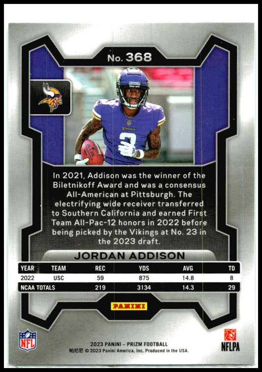2023 Panini Prizm #368 Jordan Addison Rookie Minnesota Vikings