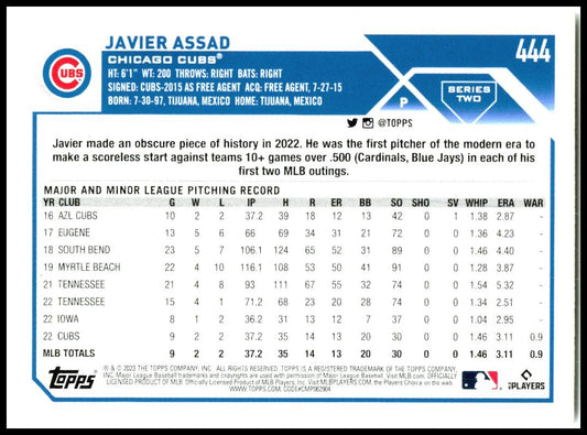2023 Topps #444 Javier Assad Rookie Chicago Cubs