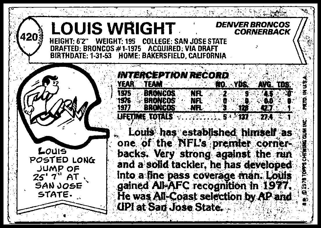 1978 Topps #420 Louis Wright Rookie Denver Broncos