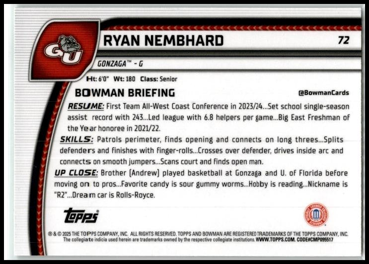 2024-25 Bowman University Chrome Green Shimmer #72 Ryan Nembhard Gonzaga