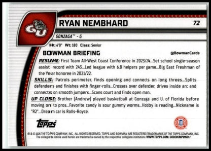 2024-25 Bowman University Chrome Green Shimmer #72 Ryan Nembhard Gonzaga