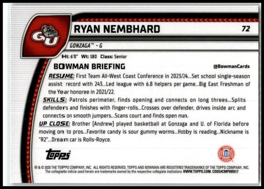 2024-25 Bowman University Chrome Green Shimmer #72 Ryan Nembhard Gonzaga
