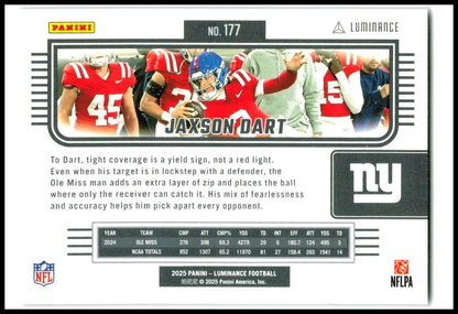 2025 Panini Luminance Purple #177 Jaxson Dart Rookie #/249 New York Giants