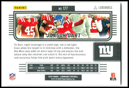 2025 Panini Luminance Purple #177 Jaxson Dart Rookie #/249 New York Giants