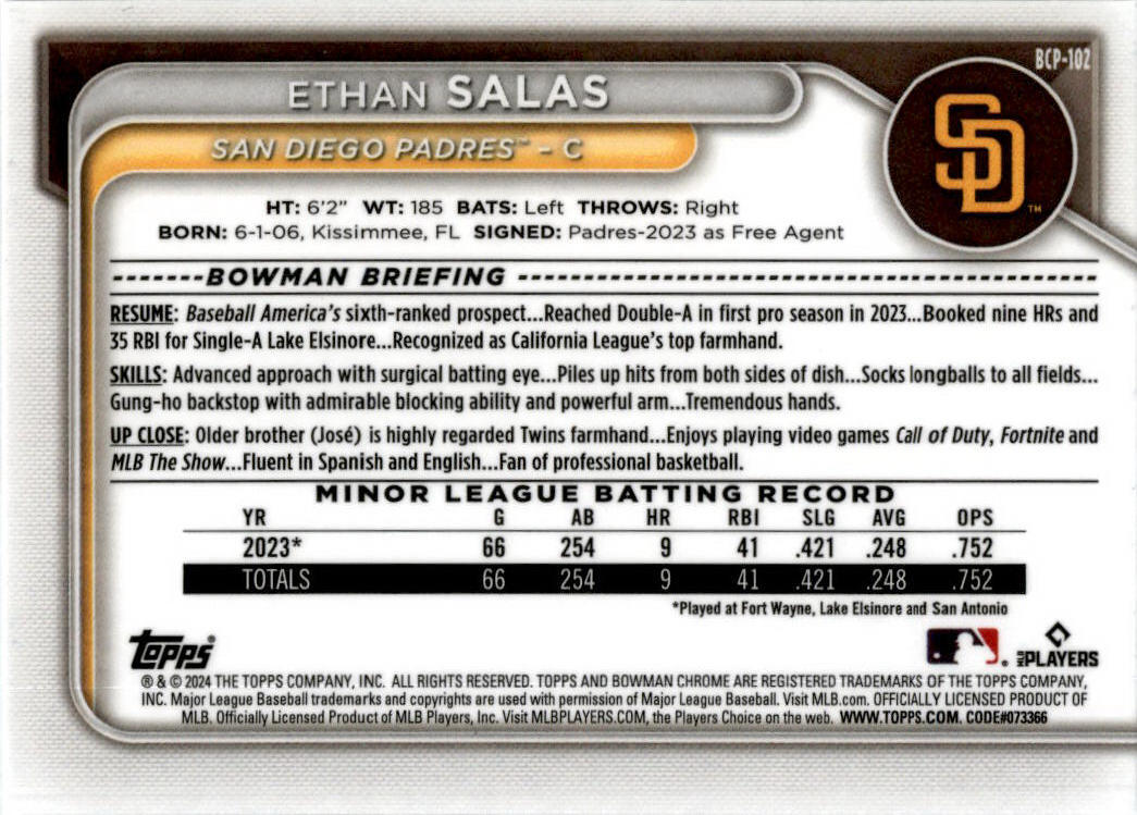2024 Bowman Chrome Prospects Mojo Refractors #BCP-102 Ethan Salas Padres