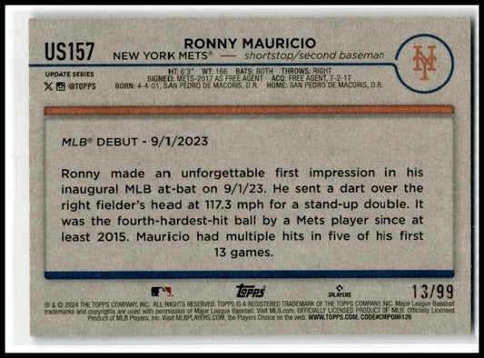 2024 Topps Update Vintage Stock #US157 Ronny Mauricio #/99 New York Mets