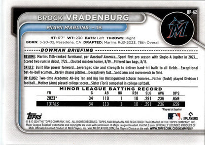 2024 Bowman #BP-62 Brock Vradenburg Miami Marlins