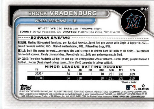 2024 Bowman #BP-62 Brock Vradenburg Miami Marlins