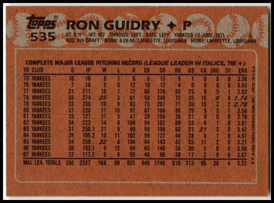 1988 Topps #535 Ron Guidry New York Yankees