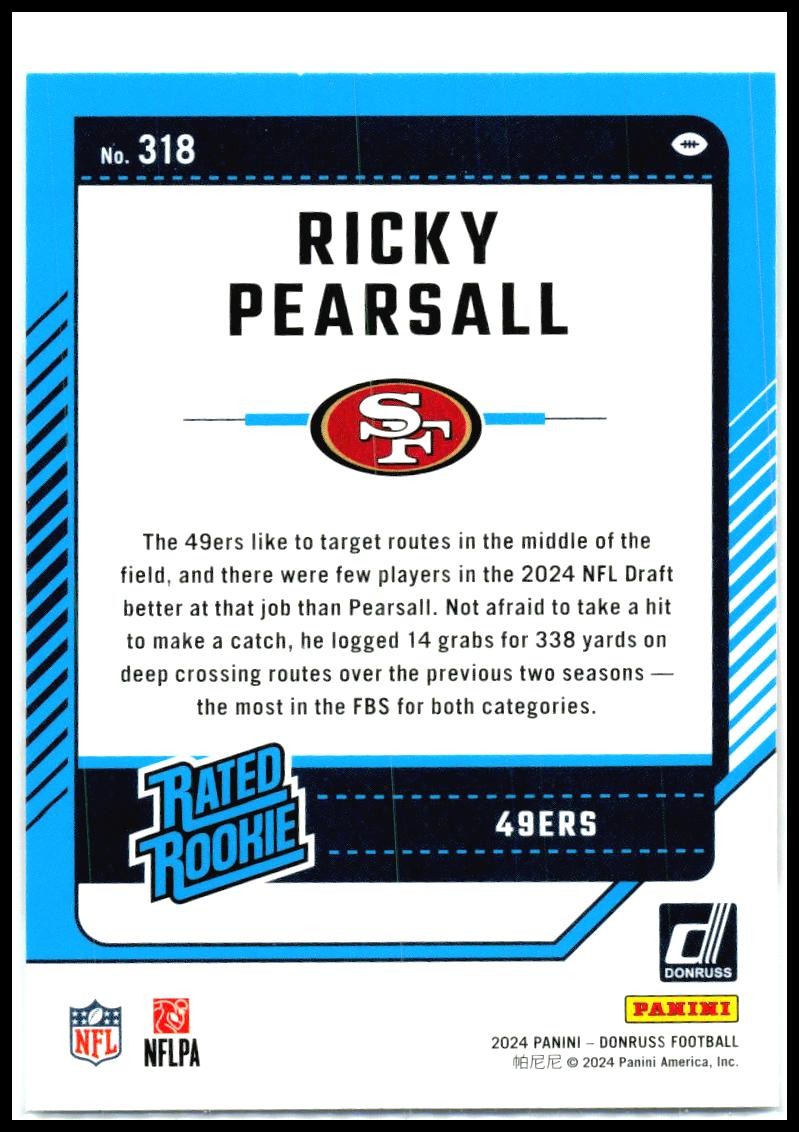 49ers Rookie Ricky 2024 Donruss #318 Ricky Pearsall Rookie San Francisco 49ers – Search ...