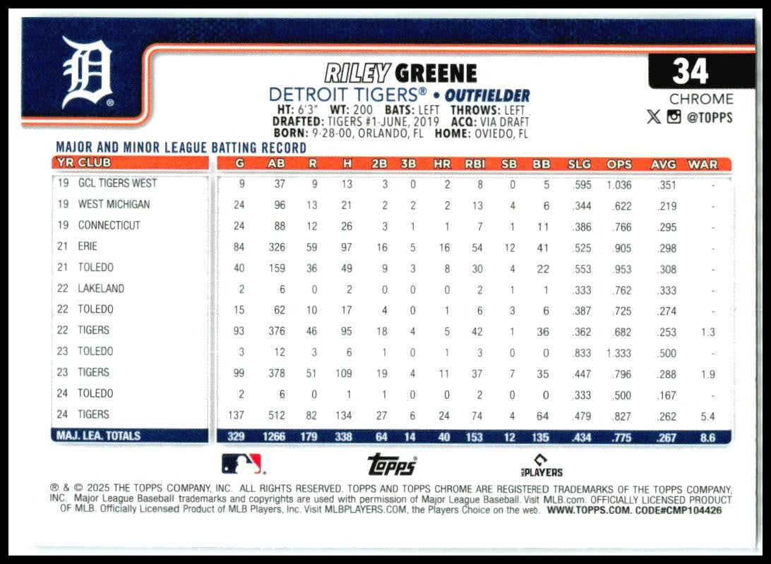 2025 Topps Chrome #34 Riley Greene Tigers