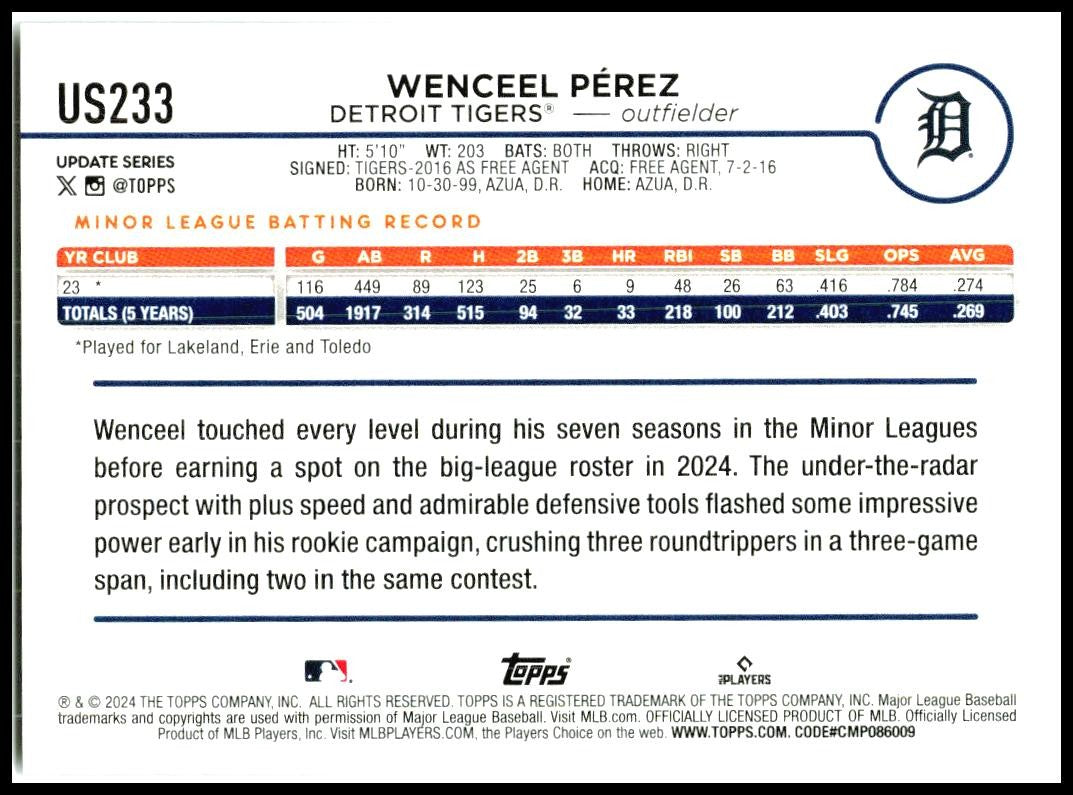 2024 Topps Update #US233 Wenceel Perez Rookie Detroit Tigers