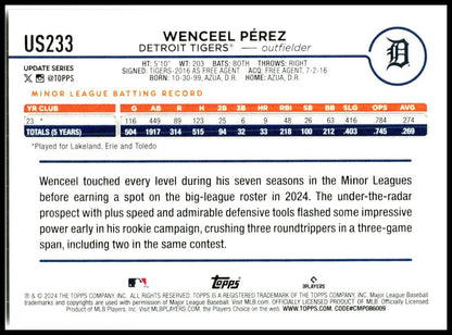 2024 Topps Update #US233 Wenceel Perez Rookie Detroit Tigers