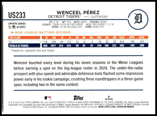 2024 Topps Update #US233 Wenceel Perez Rookie Detroit Tigers