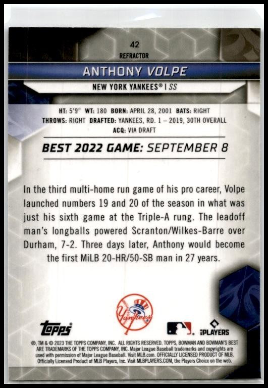 2023 Bowman's Best Refractors #42 Anthony Volpe New York Yankees