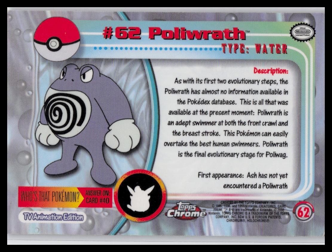 1999 Topps Chrome Pokemon TV Animation Edition Series 1 #62 Poliwrath