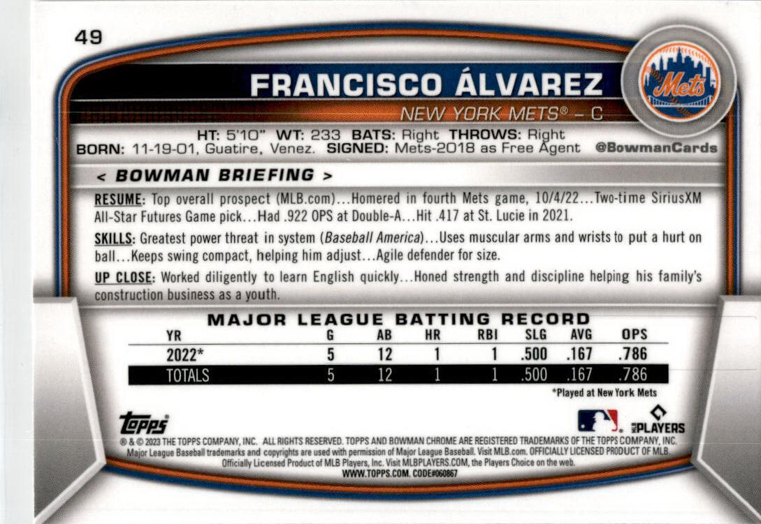 2023 Bowman Chrome Mega #49 Francisco Alvarez New York Mets