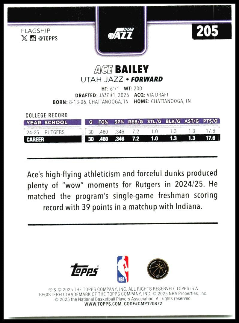 2025-26 Topps #205 Ace Bailey Rookie Utah Jazz