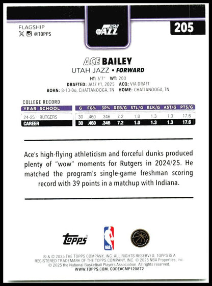 2025-26 Topps #205 Ace Bailey Rookie Utah Jazz