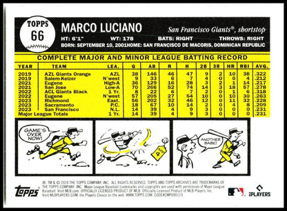 2024 Topps Archives #66 Marco Luciano Rookie San Francisco Giants