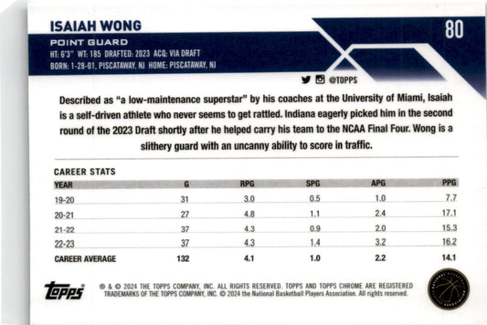2023-24 Topps Chrome Basketball #80 Isaiah Wong Indiana Pacers